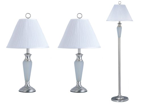 Park Madison Lighting PMT-1803-16 Lamp Set, Satin Nickel Finish with Forested Crackle Glass and Soft Pleated Shades, 3-Piece On Sale