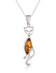 Sterling Silver Honey Amber, Crystal Cat Pendant Necklace , 18"