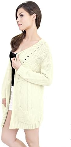 Women extra-wide Shoulder long sleeve Cable Mixed Knit Pointelle Cardigan (white)