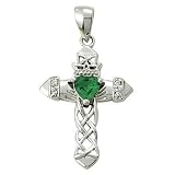 Sterling Silver 1 Claddagh Cross Necklace with Emerald Cubic Zirconia Stone on 18 Chain