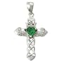 Sterling Silver 1" Claddagh Cross Necklace with Emerald Cubic Zirconia Stone on 18" Chain