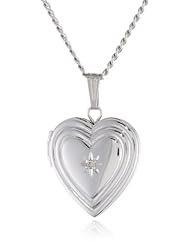 Sterling Silver Genuine Diamond with Embossed Edge Heart Locket Necklace, 18"