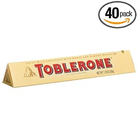 Toblerone Swiss Milk Chocolate with Honey and Almond Nougat, 1.76-Ounce Bars (Pack of 40)