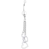 White Faux Pearl Hollow Heart Chain Drop Belly Ring