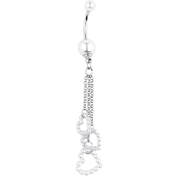 White Faux Pearl Hollow Heart Chain Drop Belly Ring