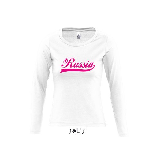 Russland Oldschool Russia LÄNDERSHIRT EM / WM FAN Trikot – Damen Langarm Longsleeve T-Shirt S-XL , White – pink , XL