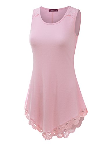 Doublju Women Sleeveless Asymmetrical Ribbed Tunic Tank Top Wth Lace Detail