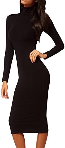 MSHI Ladies Sexy Bodycon Turtle Neck Solid Color Pencil Midi Dress Black L