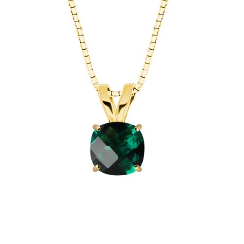 10k Yellow Gold Checkerboard Cushion Created Emerald Gemstone Pendant Necklace (8mm 1.70 ct), 18