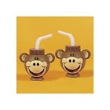 Plastic Monkey Head-Shaped Cups With Straws (1 dz)