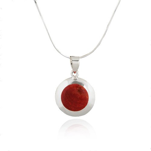 Chuvora Sterling Silver Red Bamboo Coral Inlay Round Pendant Necklace 18'' Fashion Jewelry for Women