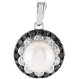 Genuine IceCarats Designer Jewelry Gift 14K White Gold Freshwater Cultured Pearl & Black And White Diamond Pendant. 07.00-07.50 Mm/1/6 Ct Tw Freshwater Cultured Pearl & Black And White Diamond Pendant In 14K White Gold