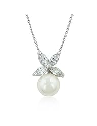 Alexander James White Gold Rhodium Bonded Flower Shape White Shell Pearl Pendant with 4 Prong Set Marquise Cut Clear Cubic Zirconia in Silvertone Chain Included