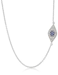 Sterling Silver Created Sapphire and Created White Sapphire Sideway Necklace, 18"