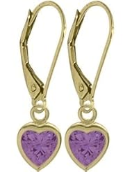Girls February 1.40 Carat 6mm Genuine Amethyst 14K Yellow Gold Heart Leverback Earrings