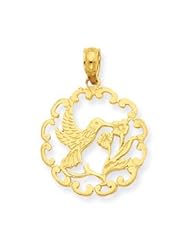 14k Gold Hummingbird w/ Flower in Frame Pendant