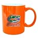 Orange/White 2-Tone Colored 11 oz. Coffee Mug with a 2 inch colorful metal applique attached. Mug is 3 3/4 inch tall.