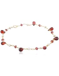 Faceted Garnet Teardrops and Rondelles with White Freshwater Cultured Pearl Linked Chain Bracelet, 7.5"