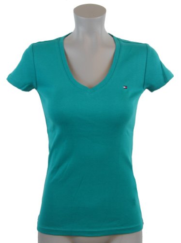 Tommy Hilfiger Womens V-Neck Solid Color Logo T-Shirt - XL - Teal