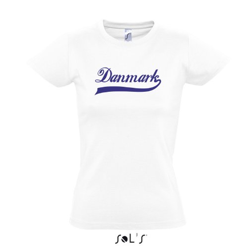 Damen T-Shirt – Dänemark Oldschool Danmark LÄNDERSHIRT EM / WM FAN Trikot S-XXL , White – blau , L