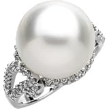 14K White Gold Paspaley South Sea Cultured Fashion Full Button Pearl and Diamond Ring