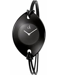 Calvin Klein Quartz, Genuine Black Leather Spaghetti Strap with Black Suspension Dial - Womens Watch K3323330
