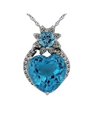 5.11 ct Heart Blue Topaz December Birthstone 0.18ct H-I I1-I2 Diamond Love Flower Pendant Necklace .925 Sterling Silver, 10k or 14k White Gold