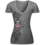 Lethal Threat (LT20192S) Women's Lethal Angel Skull V-Neck T-Shirt (Black, Small)