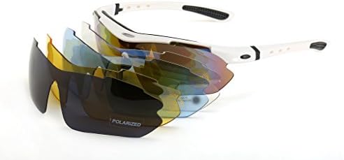 HaoMing Men's TR90 Polarized Cycling Sunglasses UV400 Eyewear with 5 Interchangable Lenses,White/Black Frame