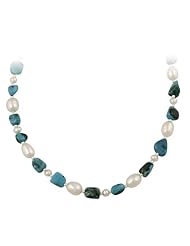 Sterling Silver Bead, Turquoise and Freshwater Cultured Pearl Necklace, 16+3"