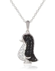 Sterling Silver Black and Clear Crystal Penguin Pendant Necklace, 18"