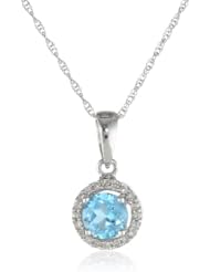 10K White Gold Round Blue Topaz and Diamond-Framed Pendant Necklace, 18"