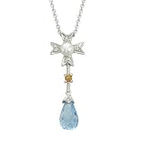 14K White Gold Blue Topaz & Pearl Cultured & Round Diamond Set Necklace