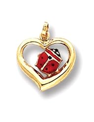 Pendant - 14k Gold Red and Black Ladybug in Heart Enameled Necklace Pendant