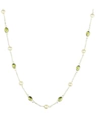 Sterling Silver Chain, Freshwater Pearl and 8 Station Peridot Cabochon Necklace