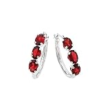 14k White Gold & Garnet 3 Oval Stone Hoop Earrings