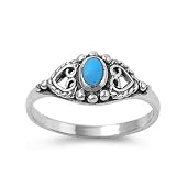 Sterling Silver 8mm Heart & Oval Turquoise Stone Ring (Size 5 - 9)