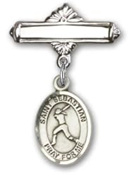 Sterling Silver Baby Badge with St. Sebastian Softball Charm and Polished Badge Pin