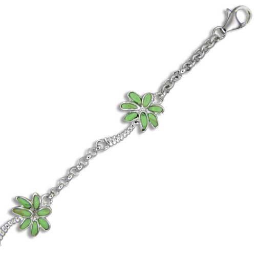Sterling Hawaiian Green Turquoise Palm Tree Rolo Link Bracelet