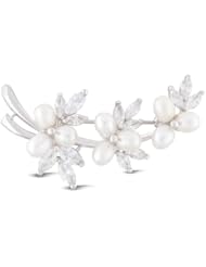 JanKuo Jewelry Silver Tone Brooch with Leaf Shape of CZ and FreshWater Pearl
