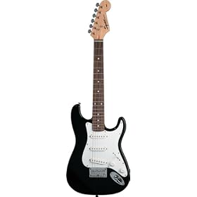 Squier by Fender Mini, Rosewood Fretboard Combo with Levy Nylon Strap, Guitar Strings, Polishing Cloth, and Pick Card - Black