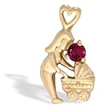 14K Yellow Gold Round Created Ruby Mother with Child Pendant
