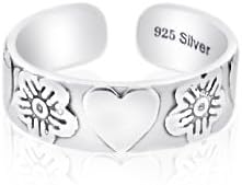 Sterling Silver 925 Heart & Flower Design Toe Ring. Nickel Free Adjustable Fit Solid Band One Size Fits All. Polished