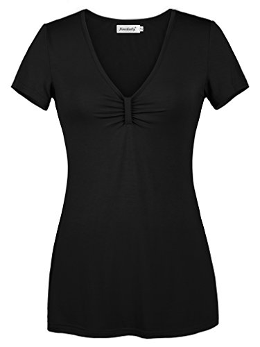 Ninedaily Women Short Sleeve Tunic Fitted Casual V Neck Front Pleated Tops