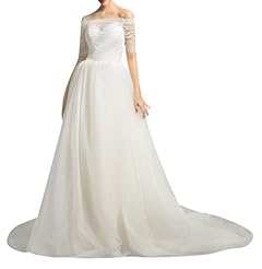 A-line Lace-Up Sheer Off the Shoulder Elbow Length Sleeves Tulle Wedding Dress  with a Brush/Sweep Train 