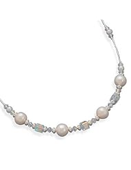 16"+2"Extension Liquid Silver Necklace with Cultured Freshwater Pearls and Austrian Crystals