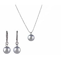 Necklace - Earrings Set - N499 - Glass Pearl Drop (10 mm) hung on 1 mm Ball Chain ~ Gray