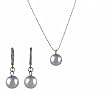 Necklace - Earrings Set - N499 - Glass Pearl Drop (10 mm) hung on 1 mm Ball Chain ~ Gray