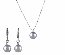 Necklace - Earrings Set - N499 - Glass Pearl Drop (10 mm) hung on 1 mm Ball Chain ~ Gray