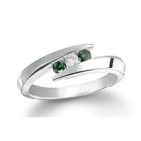 Three 3 Stone Round Diamond & Emerald Accented Channel Set Bypass Wedding Ring in 14K White Gold (1/2 ctw)